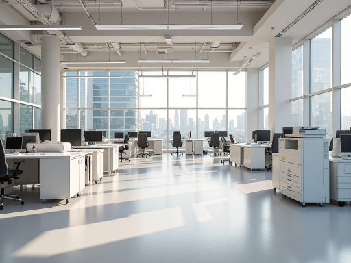 南京地毯地板清洗公司办公室内部环境，专业清洁设备整齐摆放，员工正在准备清洁工具，现代化办公空间