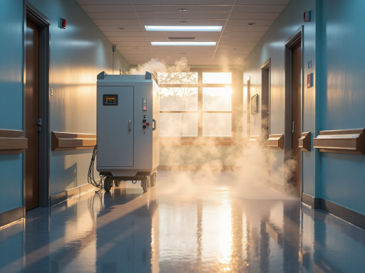 消毒服务现场，专业人员正在使用紫外线消毒设备对房间进行消毒处理，确保环境卫生安全