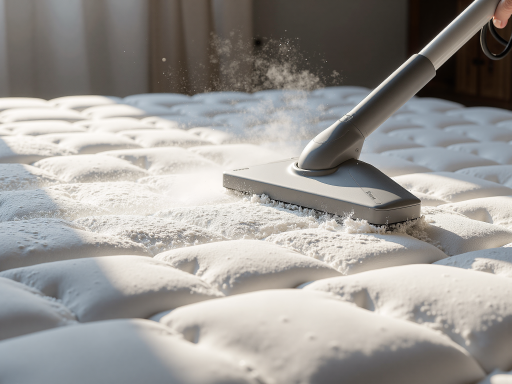 布艺沙发清洁现场，专业清洁设备正在对沙发进行深度清洁，工作人员操作熟练，沙发焕然一新