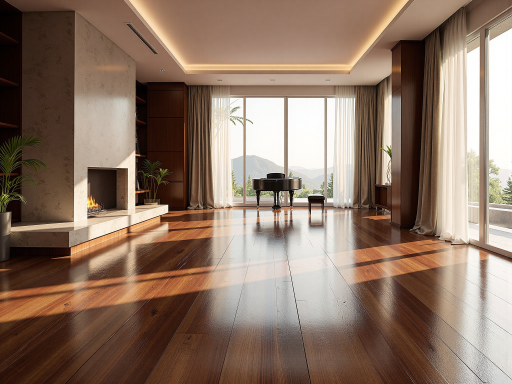 木地板抛光护理现场，专业技师正在使用设备对木质地板进行抛光处理，地面光亮如新